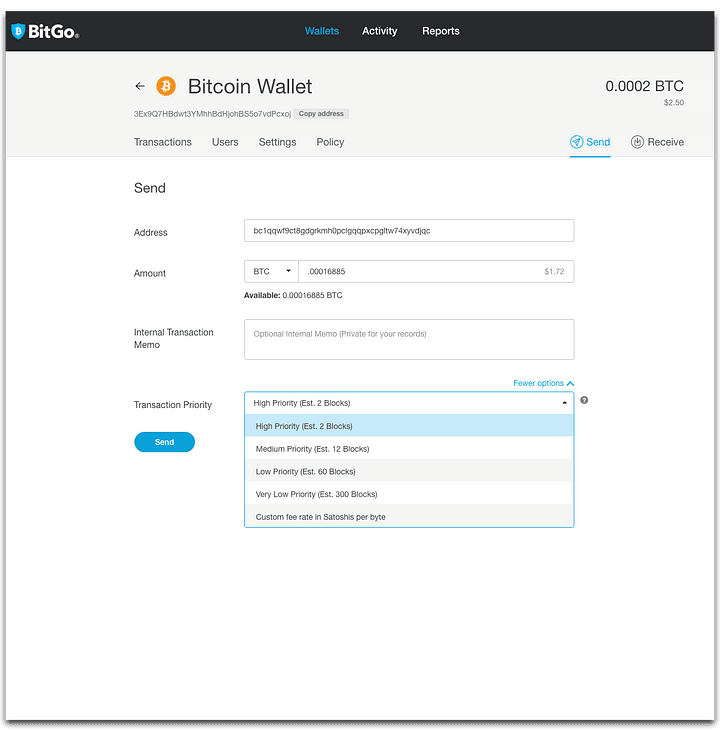 Enter the recipient’s address, the amount to send and choose transaction priority. Select “Send”